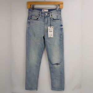 Zara Women The Slim Cropped Leg High Rise Jeans Size 4 Blue Ripped Denim